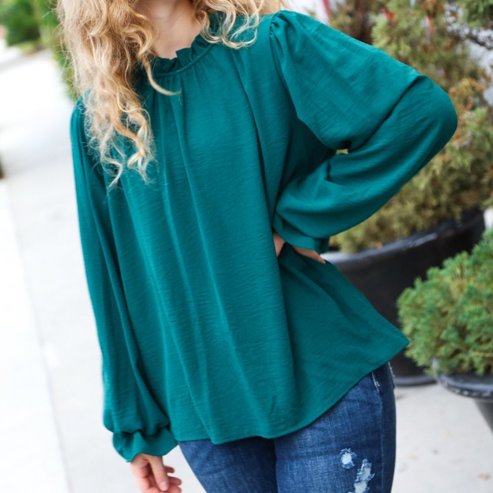 Be Merry Hunter Green Frill Mock Neck Crinkle Top
